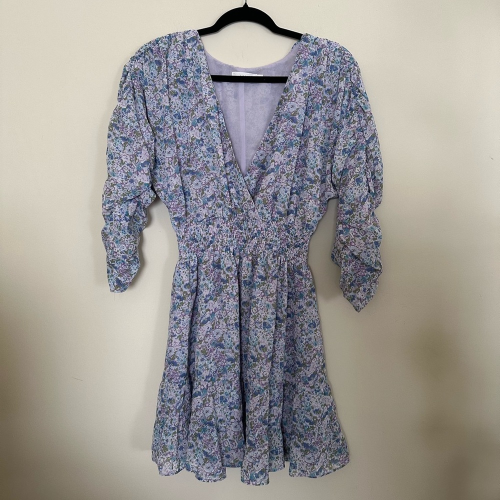 Lush Ruched Sleeve Floral V Neck Mini Dress